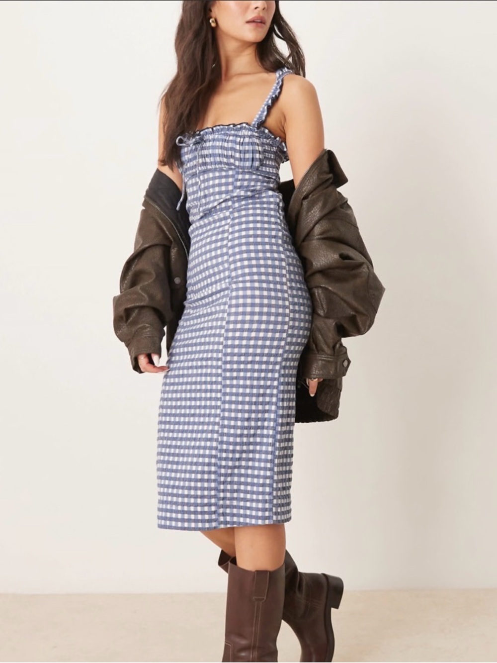 Free People Lucinda Gingham Midi Dress Blue and White Size M - Picture 4 of 11